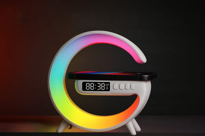 Colorful circular clock with digital display on a dark background